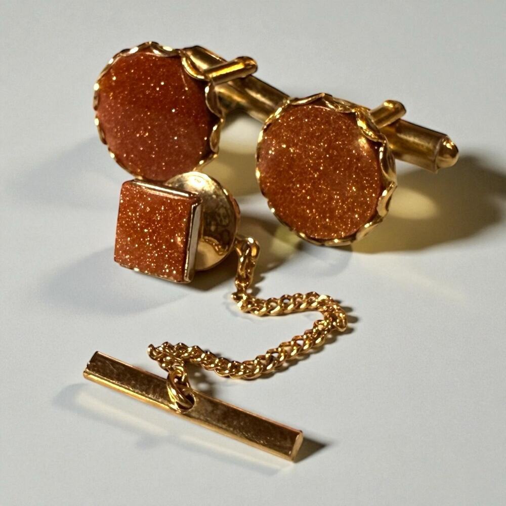 Vintage Cufflinks & Tie Pin Mens Gold Tone Blood Orange Glass Gold Stone Set